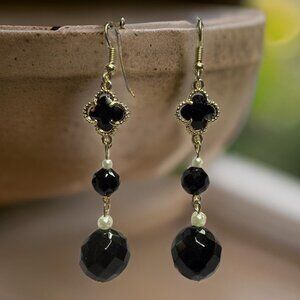 Earrings Black Obsidian Clover Dangle Jewelry Fashion Trending Gift Stainless